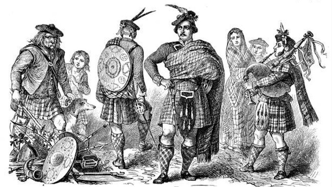 Victorian lithograph combining various Scottish clansmen