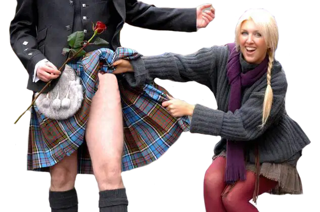 woman jokinly lifting a man's kilt