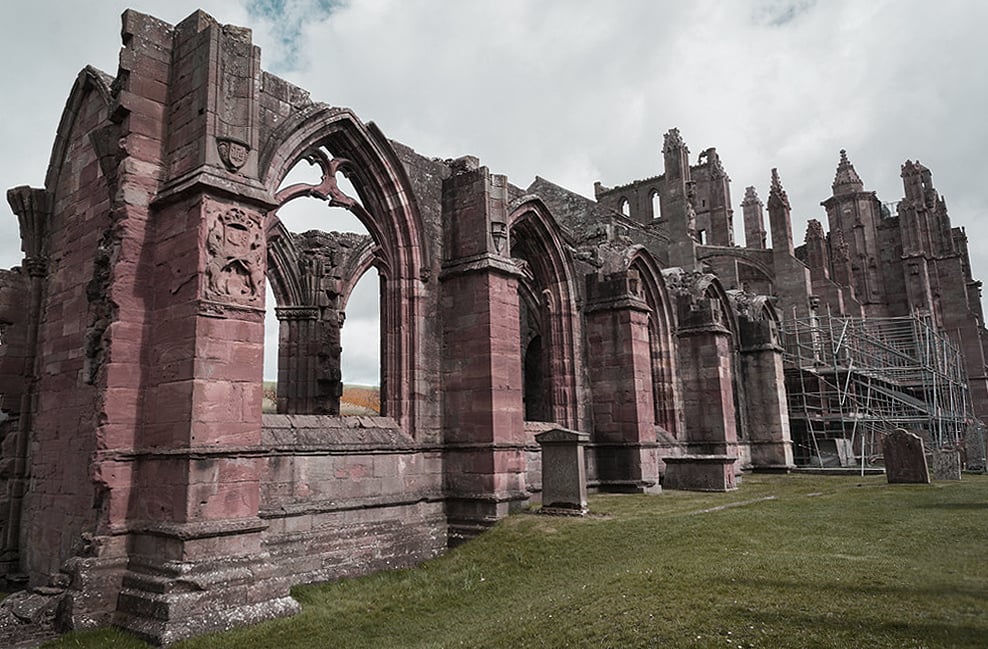Melrose Abby ruins show gothic details