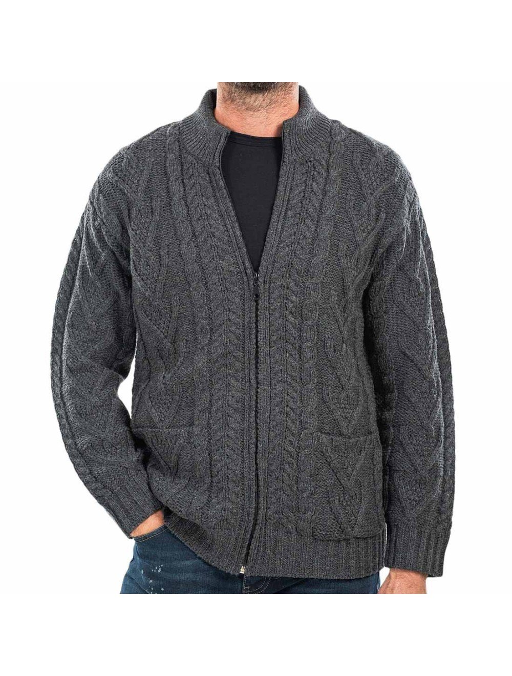 Cable Knit Full Zip Irish Cardigan Charcoal USA Kilts