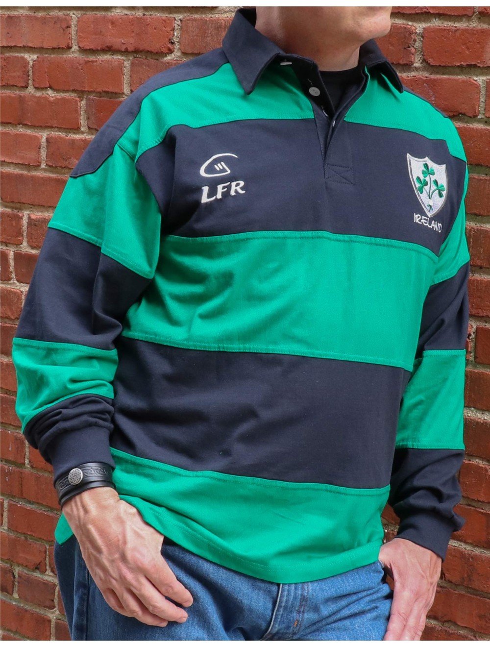 Green and blue striped rugby shirt outlet