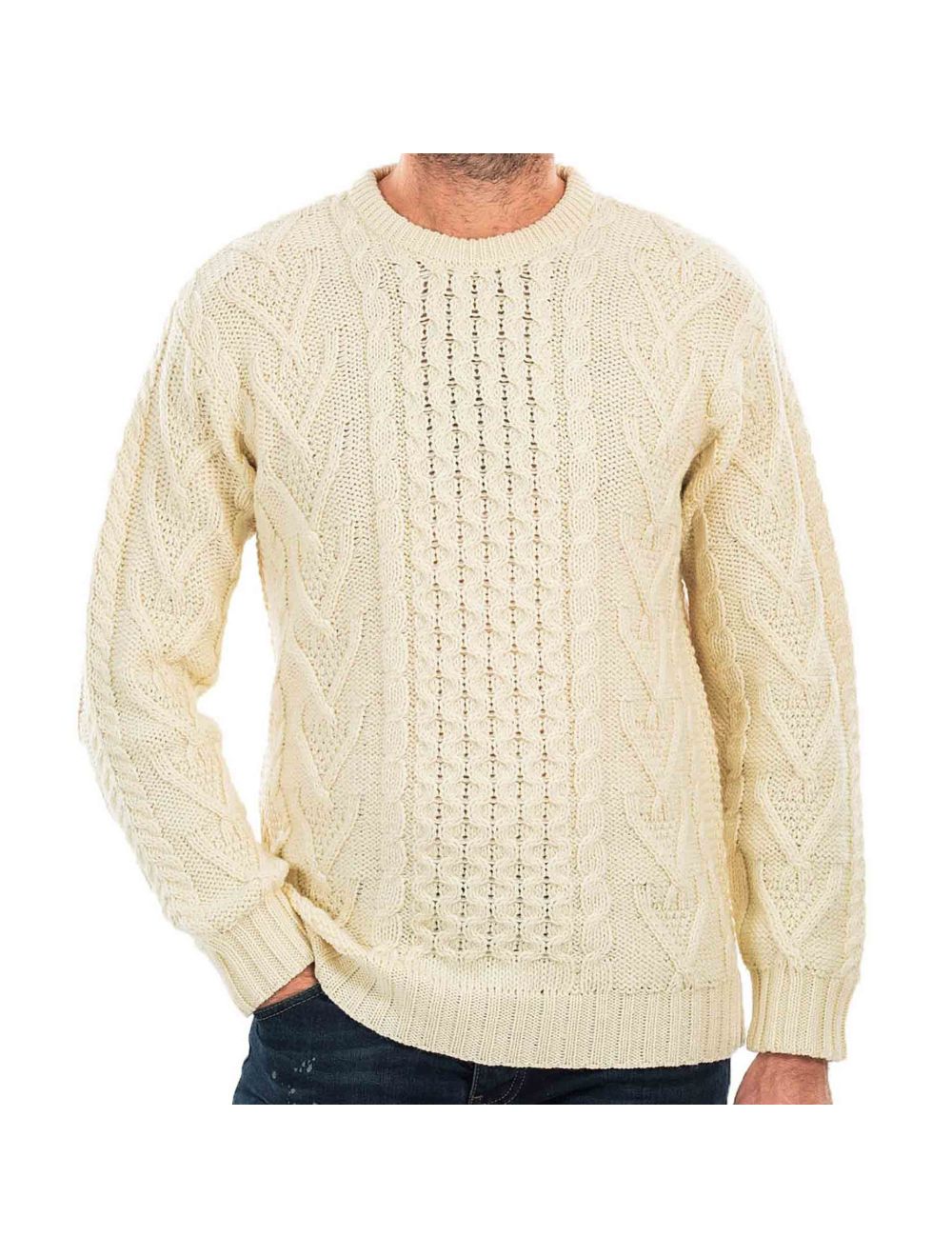 Men's Cable Knit Crew Neck Aran Wool Sweater