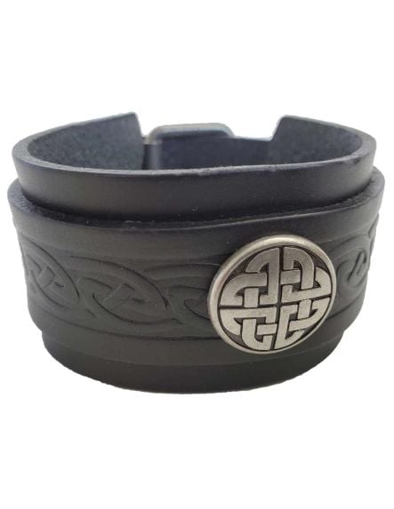 Men's Wide Double Strap Black Leather Cuff with Celtic Knot