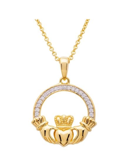 14KT Gold Vermeil Claddagh Necklace Encrusted w/ Swarovski Crystals 