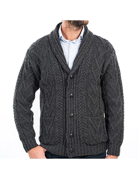 Quality knit button up cardigan with pockets made in Ireland. 100% Merino Wool. 