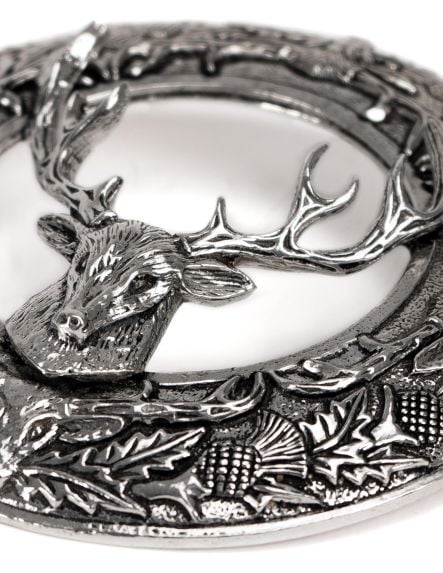 Stag Head Plaid Brooch with Scottish Thistle details