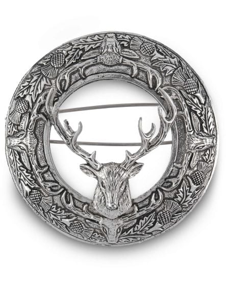 Stag Head Plaid Brooch with Scottish Thistle details